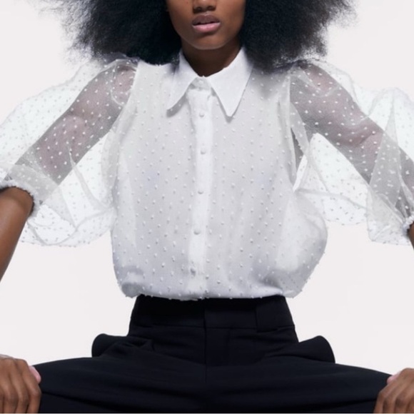 Zara Tops - ZARA Elegant White Sheer Polka Dot Blouse TOP LARGE